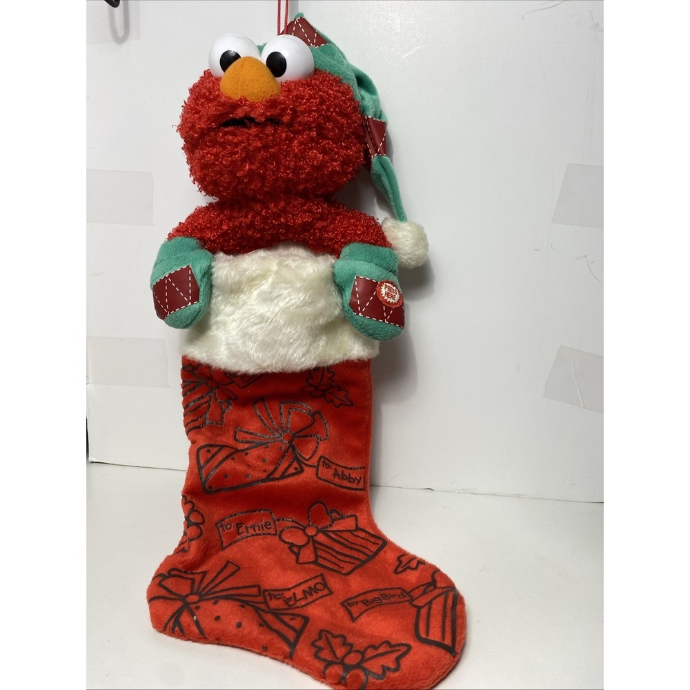 Sesame Street Elmo Animated Christmas Stocking Red Green Elf‎ Hat Plush Toy